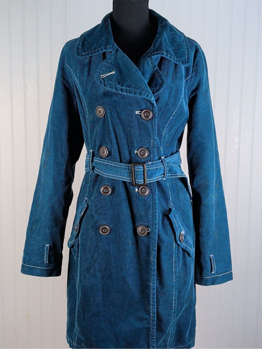 Merona Teal Blue Corduroy Double Breasted Trench Coat Belted Small